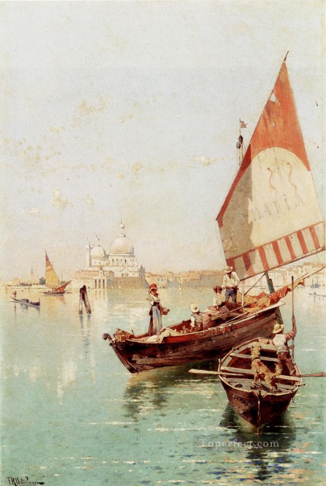 ヴェネツィアのラグーンの風景のヨット フランツ・リヒャルト・ウンターベルガー油絵